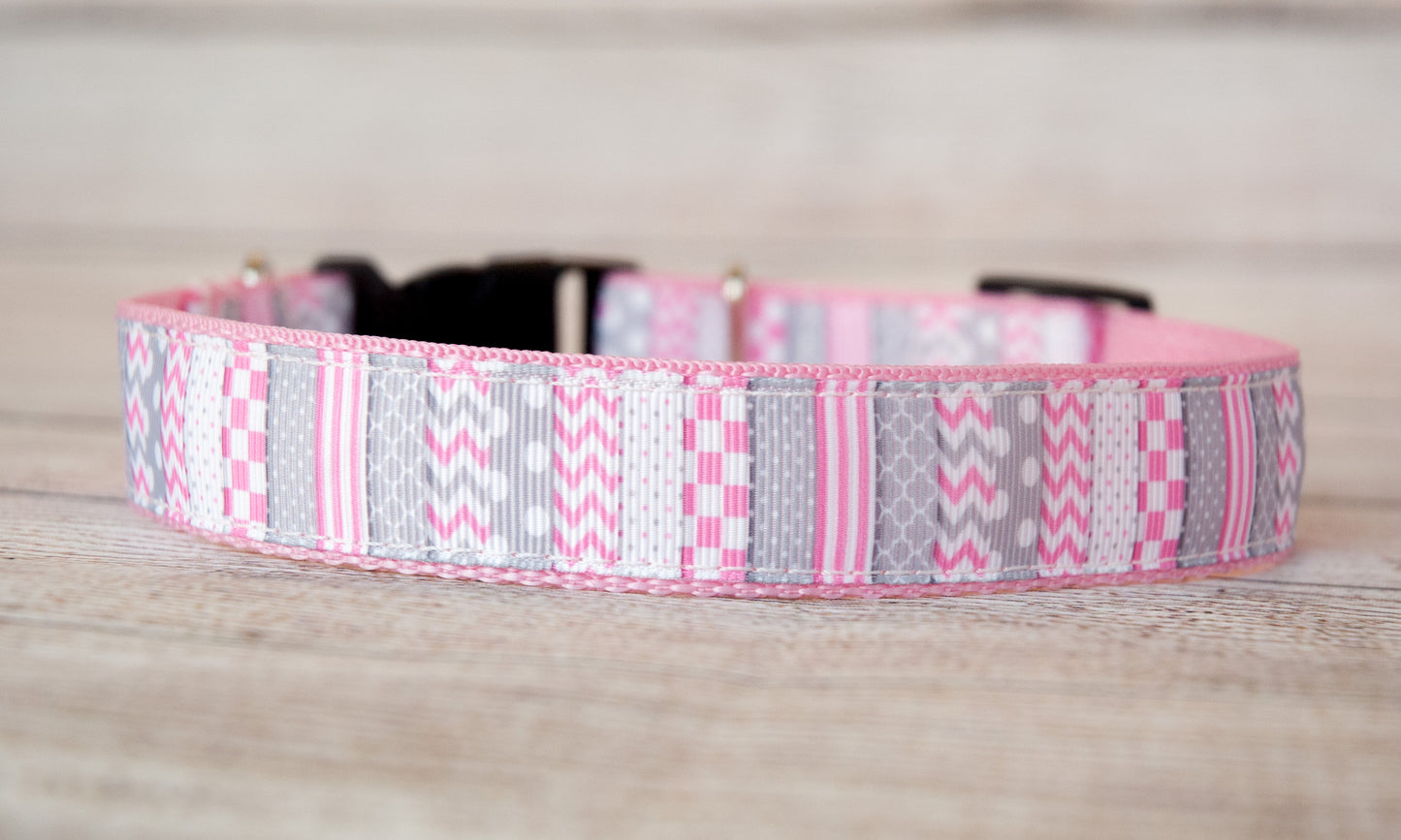 Pink and Gray patterned Striped dog collar. 1 inch wide.