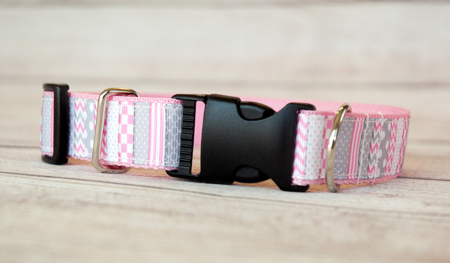 Pink and Gray patterned Striped dog collar. 1 inch wide.