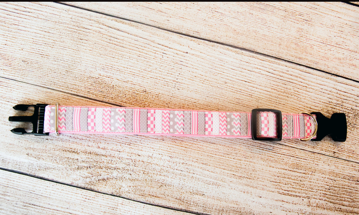 Pink and Gray patterned Striped dog collar. 1 inch wide.