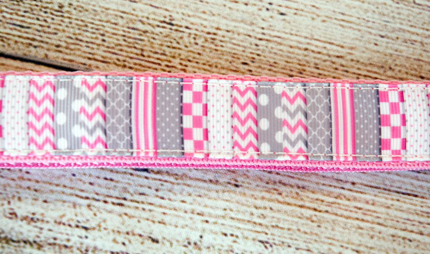 Pink and Gray patterned Striped dog collar. 1 inch wide.