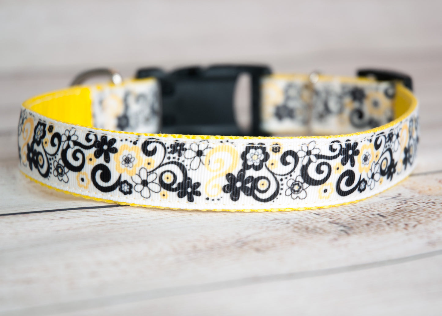 Yellow and black floral dog collar and/or leash. 1 inch wide