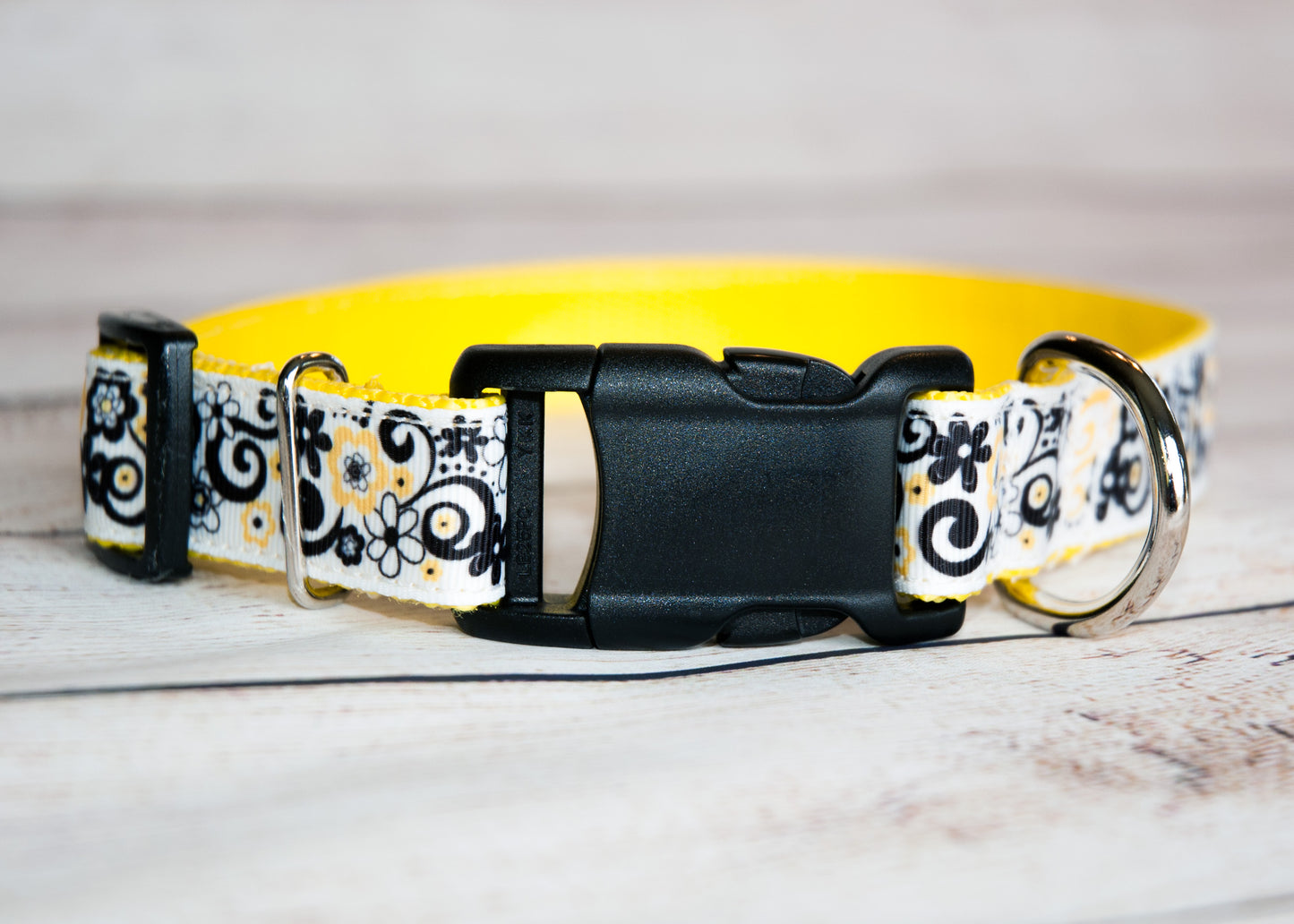 Yellow and black floral dog collar and/or leash. 1 inch wide