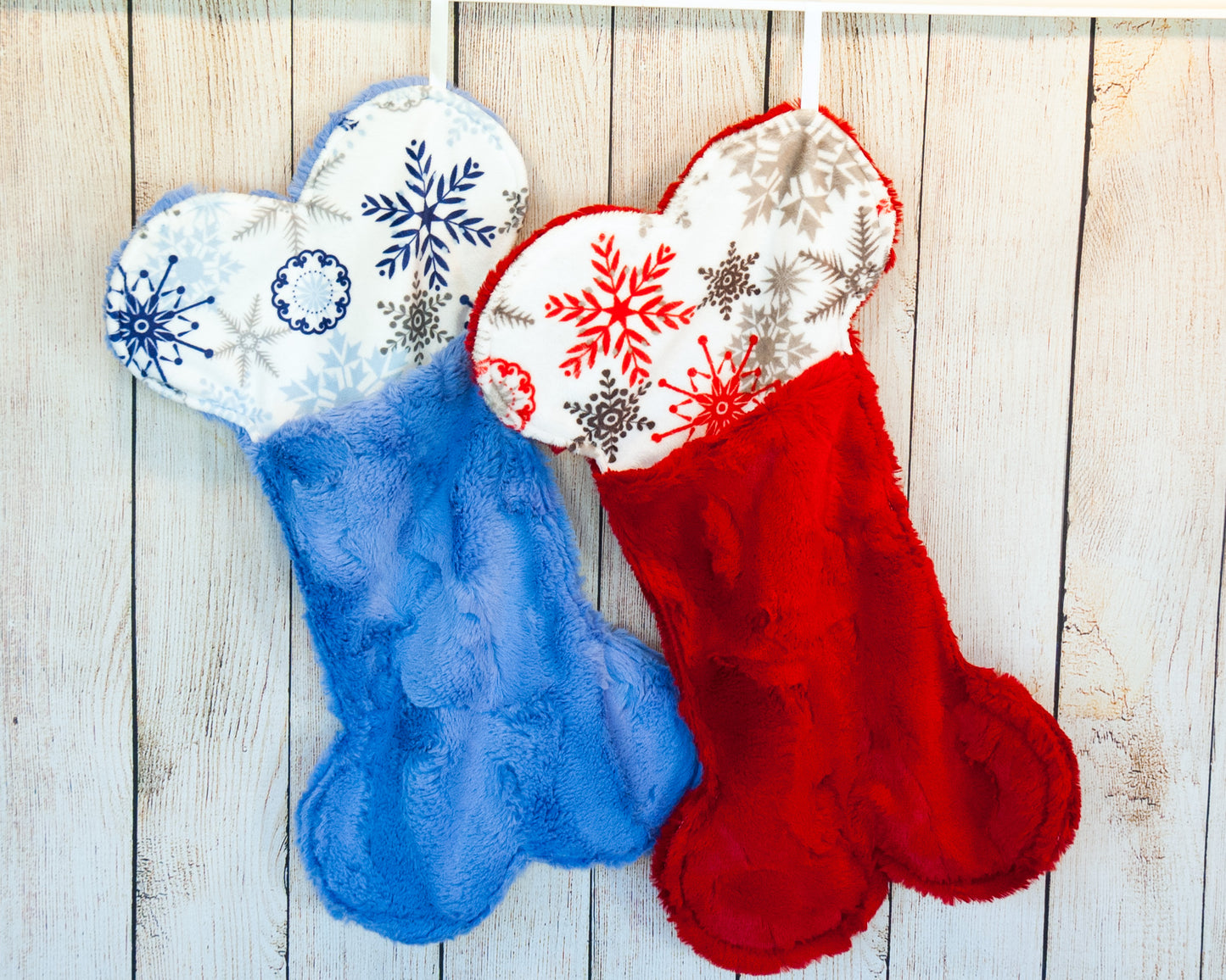 Dog Christmas stockings bone shaped, snowflake minky bone shaped stockings