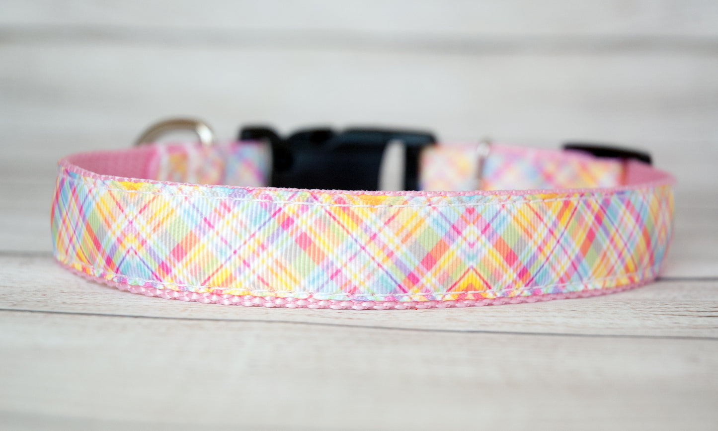 Diagonal pink, yellow, and blue plaid dog collar and/or leash. 1" wide