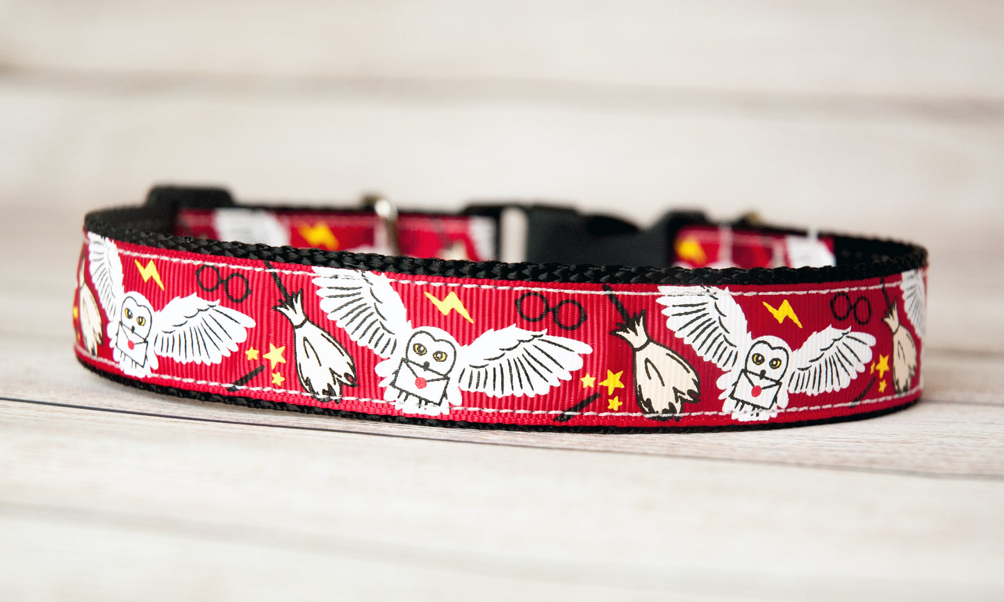 Hedwig owl and wizarding items on red background dog collar and/or leash. 1 inch wide