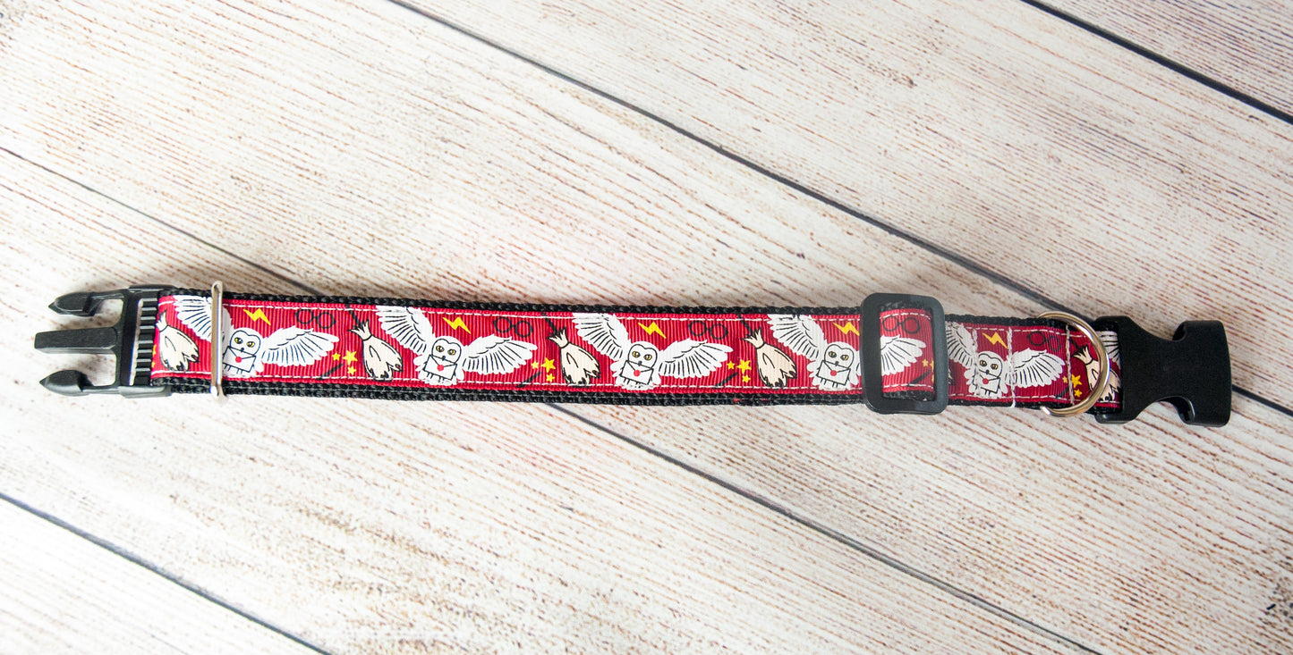 Hedwig owl and wizarding items on red background dog collar and/or leash. 1 inch wide