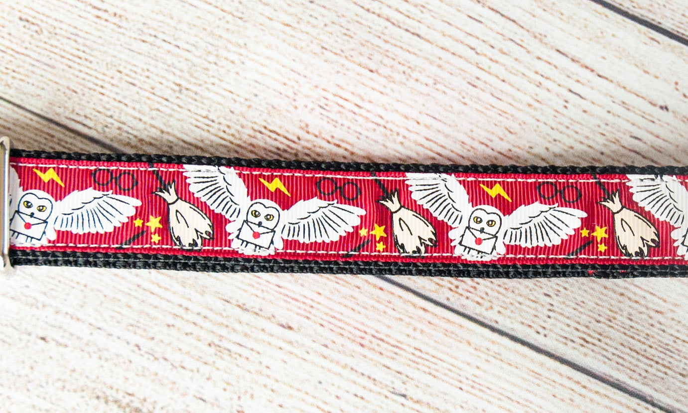 Hedwig owl and wizarding items on red background dog collar and/or leash. 1 inch wide