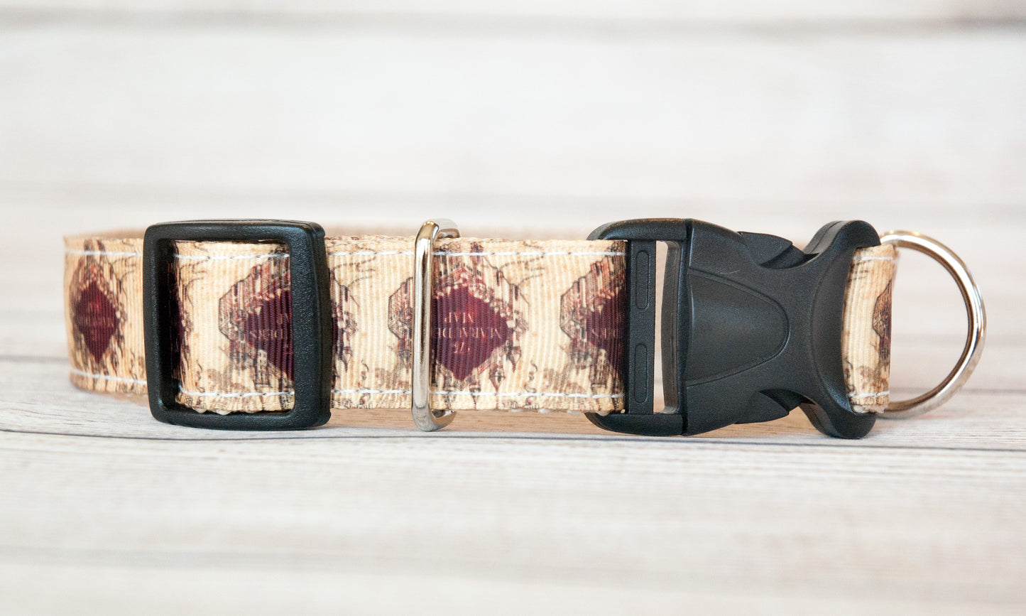 Marauders map of wizard school dog collar, 1" wide
