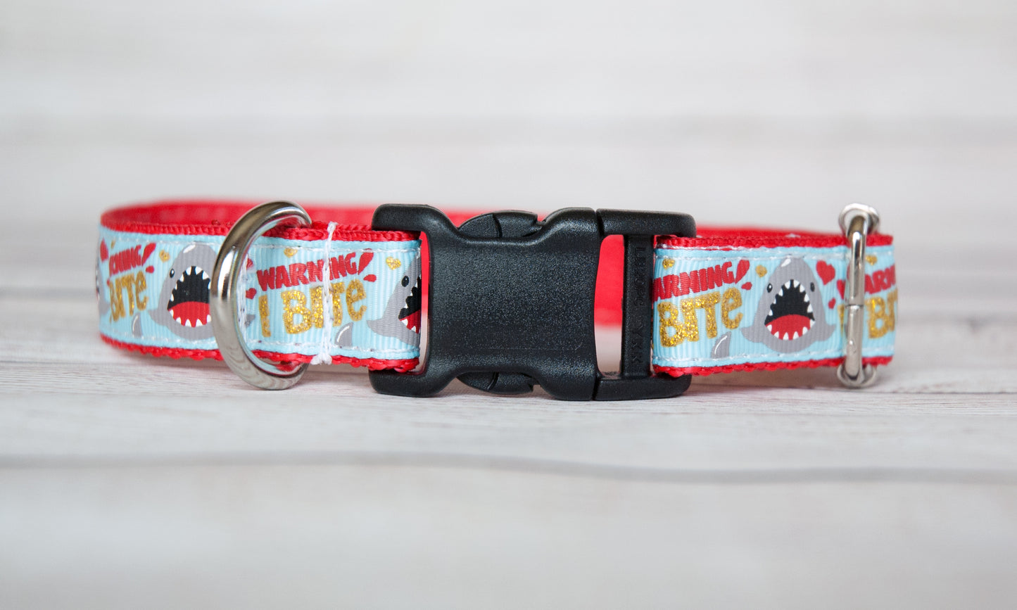 Warning: I Bite! Shark dog collar. 1" wide or 3/4" wide