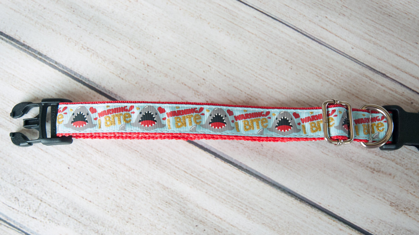 Warning: I Bite! Shark dog collar. 1" wide or 3/4" wide