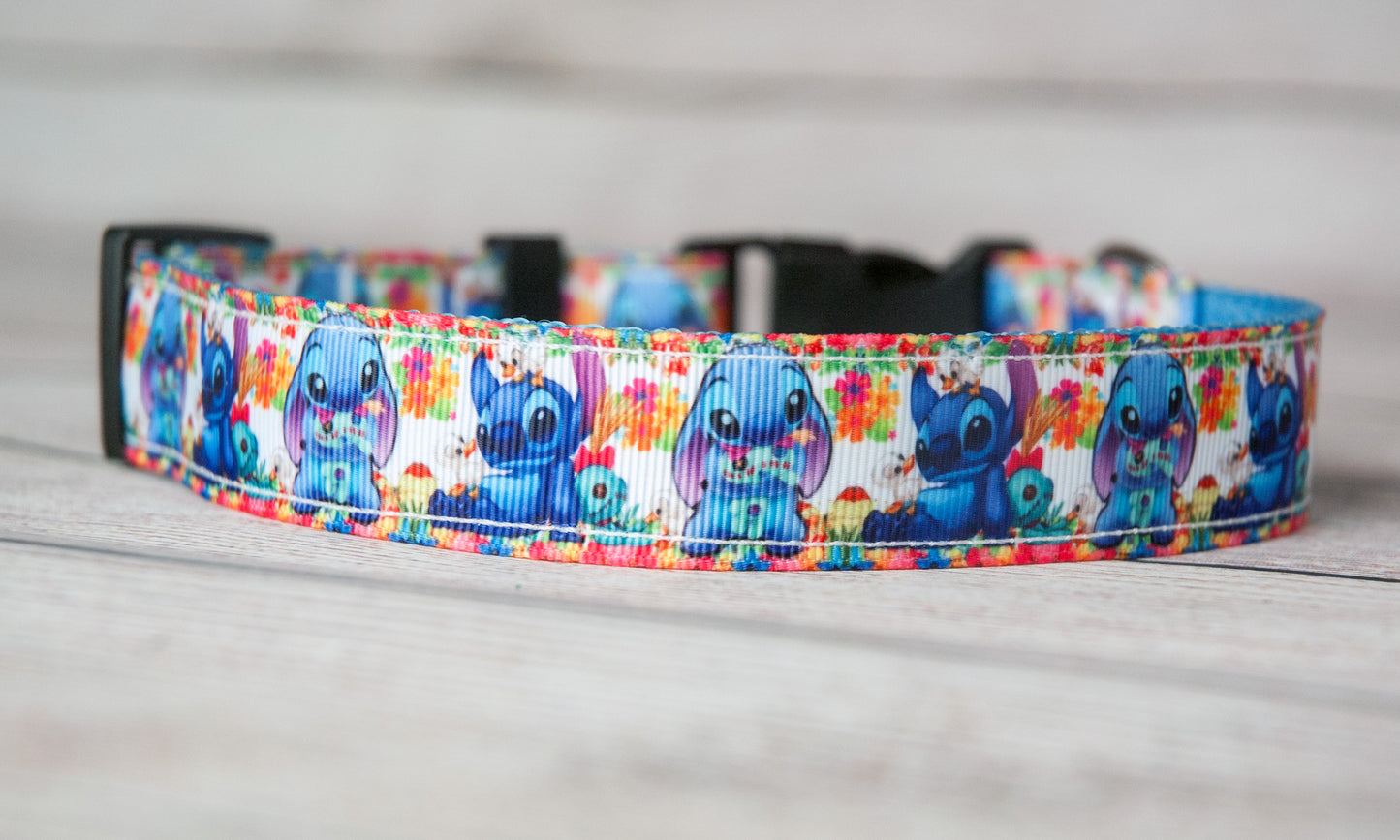 Stitch and Scrum with flowers dog collar and/or leash. 1 inch wide