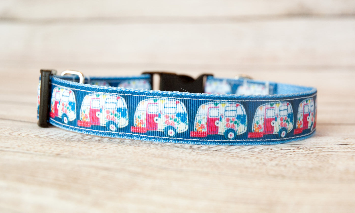 Camper trailer dog collar and/or leash in blue. 1" wide