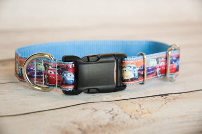 Cars dog collar with Mater, Sally, and Lightning and/or leash.  1" wide