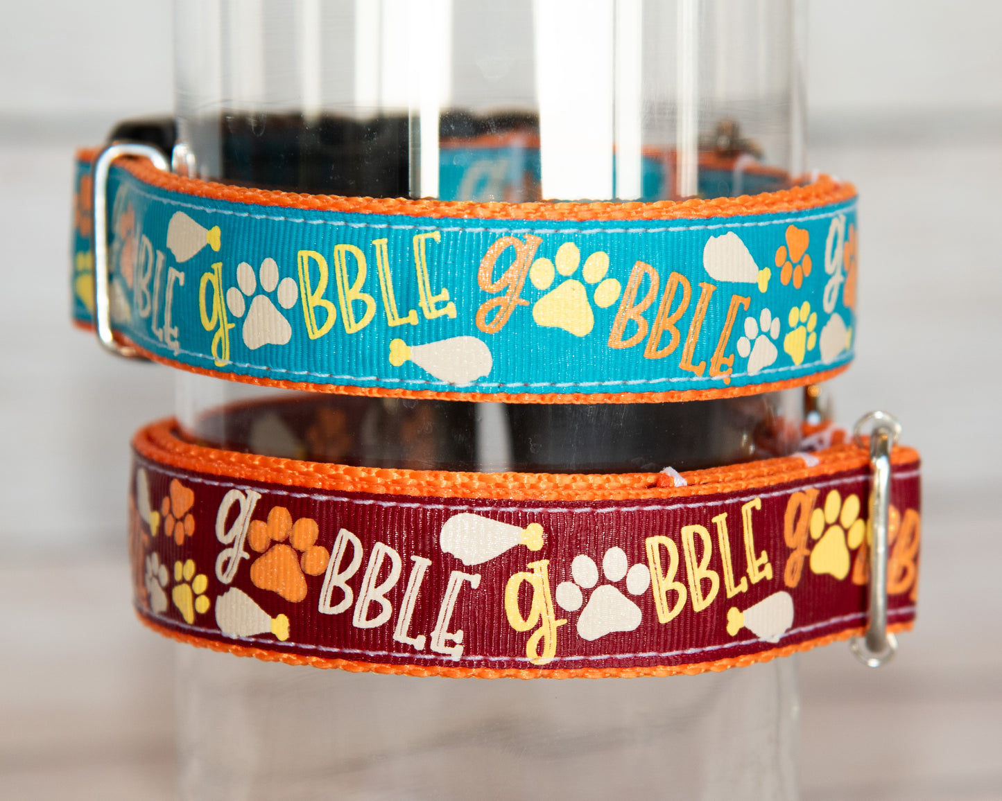 Gobble, Gobble turkey leg Thanksgiving dog collar. 1 inch wide, 4 adjustable sizes