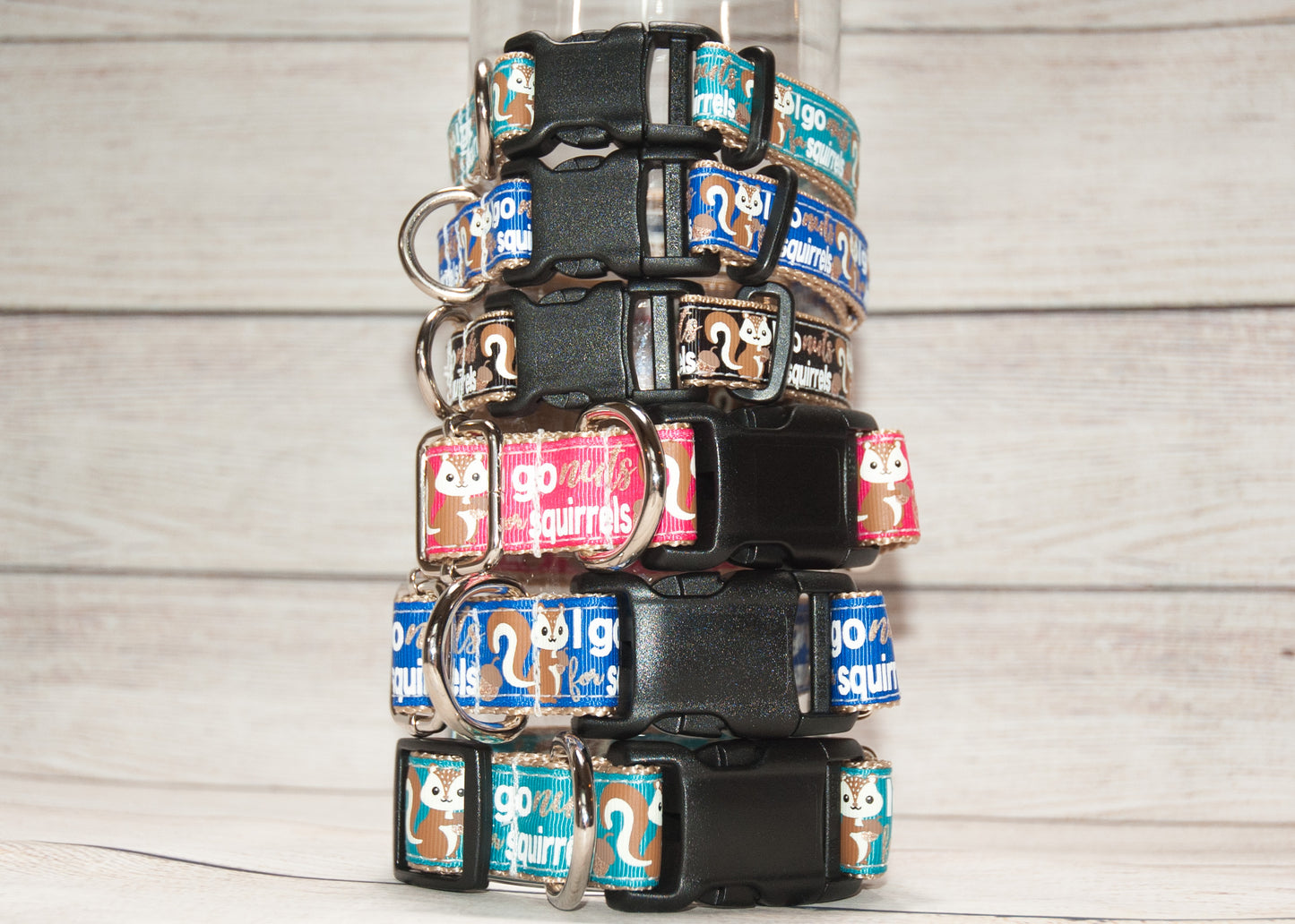 I go nuts for squirrels dog collar and/or leash in Blue, Pink, Jade, or Black options 1" wide