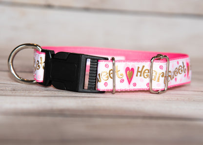 Sweet Heart dog collar. Pink and white with hearts and irredescent gold writing. 1 inch wide, 4 adjustable sizes.