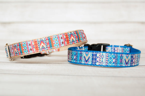 Aztec orange and aqua print collar and/or leash, Aztec Blue and Pink Print dog collar and/or leash. 3/4