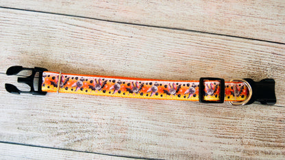 Cute little bat Halloween dog collar with a candy corn colored background. 1"wide