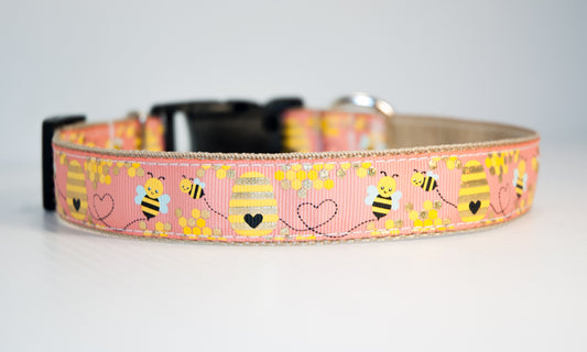 Bees and hives in yellow and gold on peachy pink background dog collar and/or leash. 1 inch wide