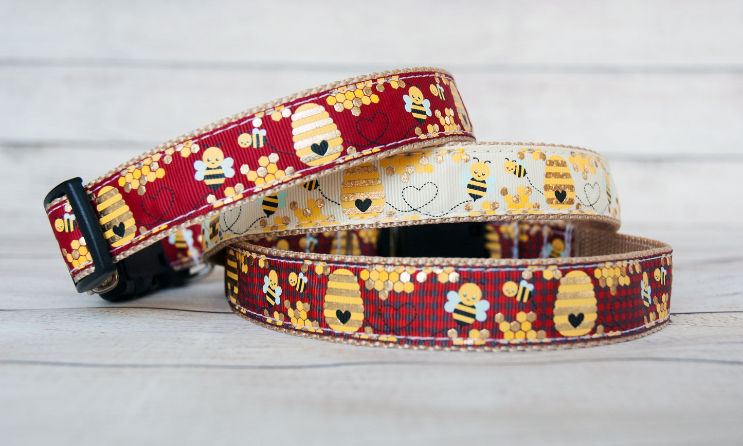 Bees, Hives, and Honey dog collar and/or leash. 1" wide and 3 different colors