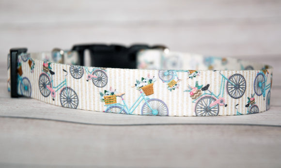 Bicycles with flower baskets on a gold and ivory striped background dog collar and/or leash. 1 inch wide