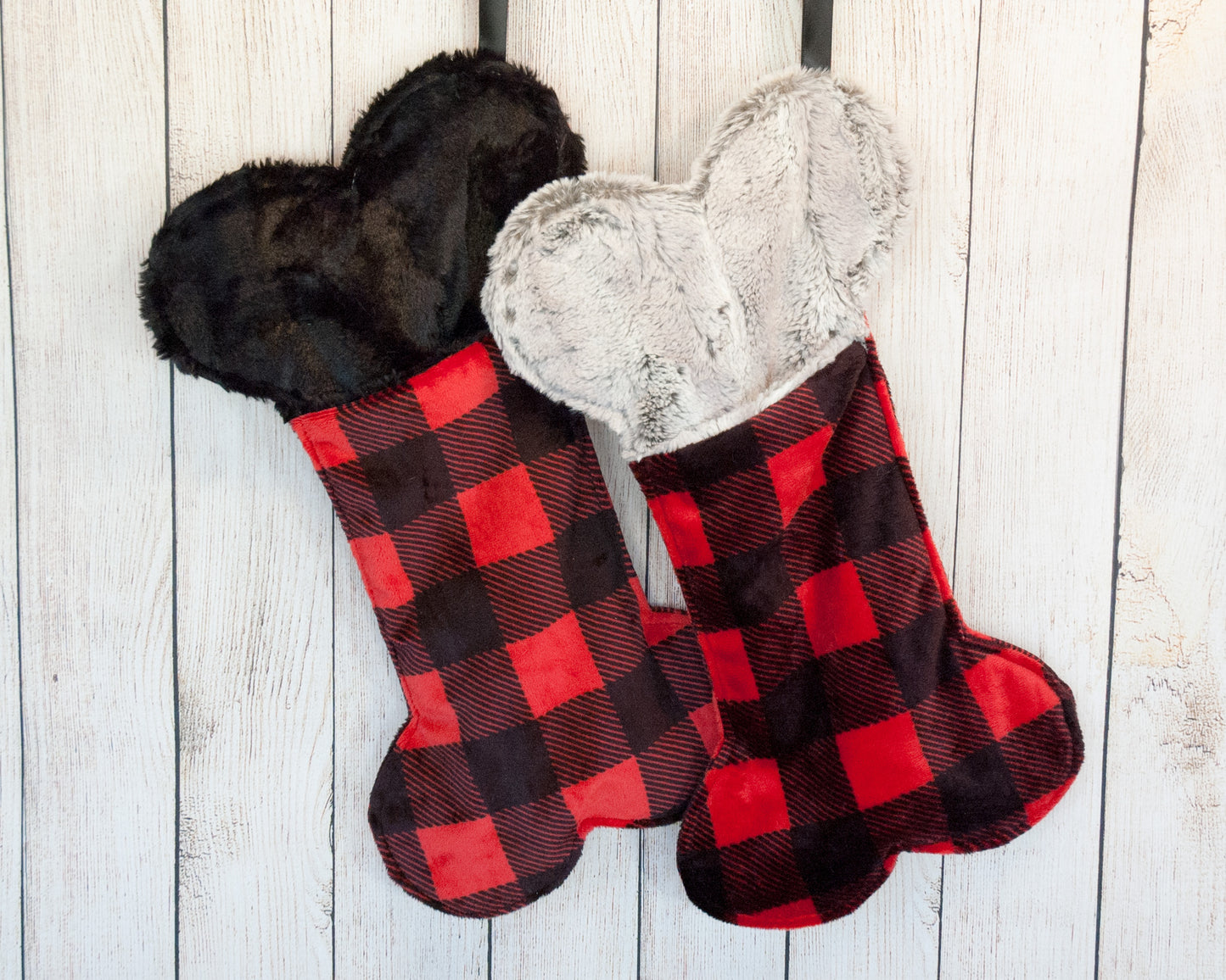 Minky Buffalo check dog bone shaped Christmas Stockings