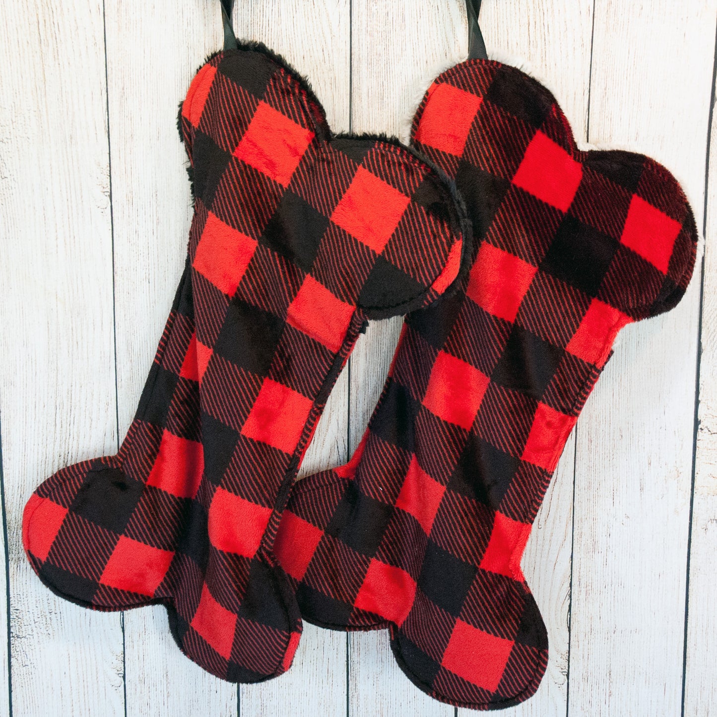 Minky Buffalo check dog bone shaped Christmas Stockings