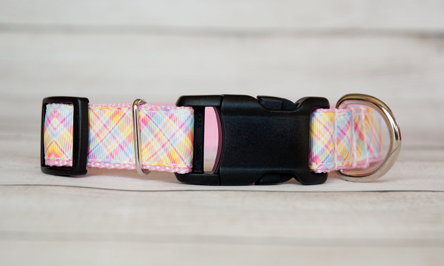 Diagonal pink, yellow, and blue plaid dog collar and/or leash. 1" wide