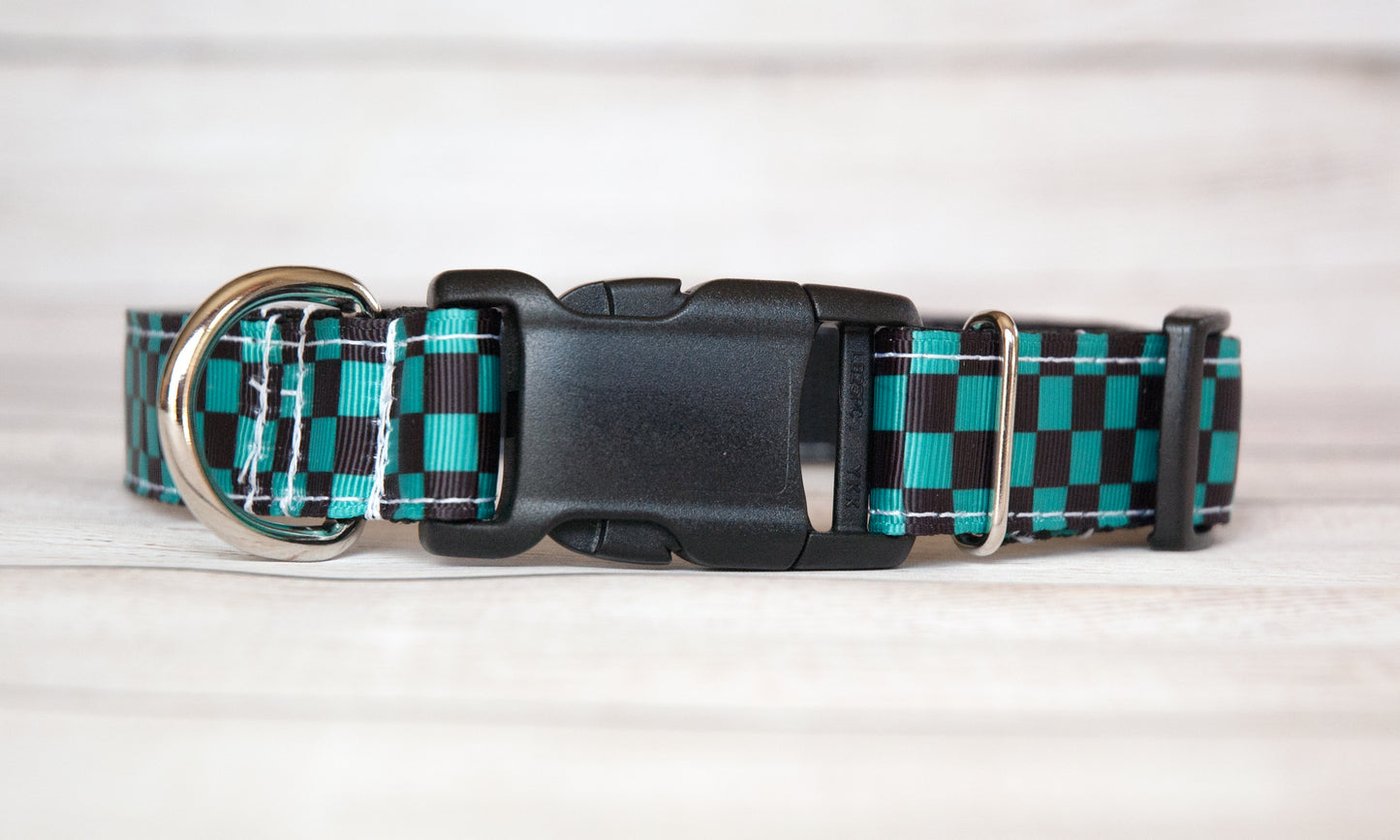 Green and Black Check dog collar and/or leash. 1" wide