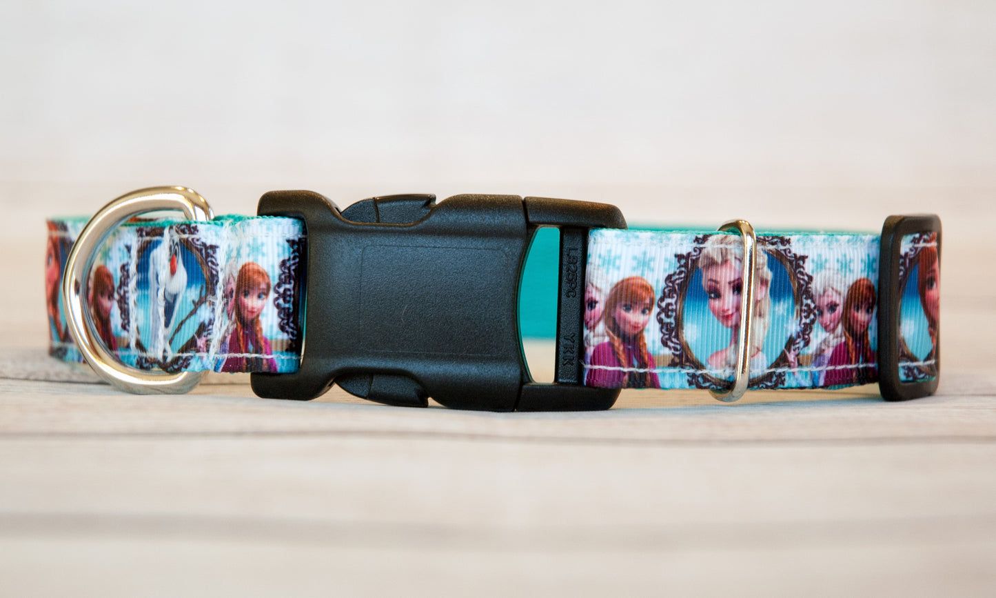 Frozen dog collar and/or leash with Elsa, Anna, and Olaf.  1 inch wide.