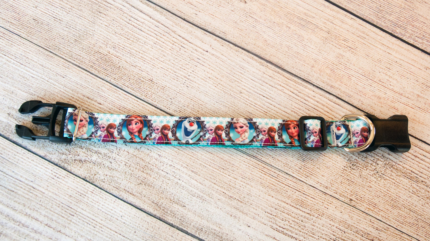 Frozen dog collar and/or leash with Elsa, Anna, and Olaf.  1 inch wide.