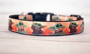 Alien Baby dog collar, Mando baby dog collar with orange background and/or leash, 1"wide collar