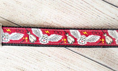Hedwig owl and wizarding items on red background dog collar and/or leash.  1 inch wide