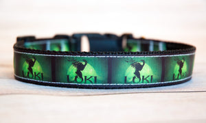God of Mischief dog collar and/or leash in green and 1" wide, Loki dog collar