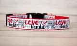 Love Bandit with hearts and Racoons dog collar. 1" wide