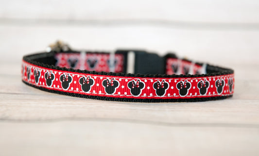 Girl Mouse heads with bows on a red with white dots background dog collar. 1/2" wide