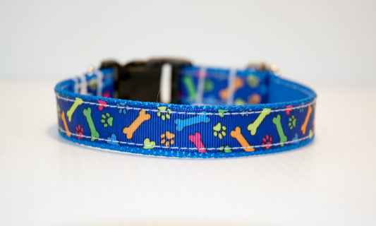 Multicolored pawprints and bones on blue background dog collar. 3/4" wide