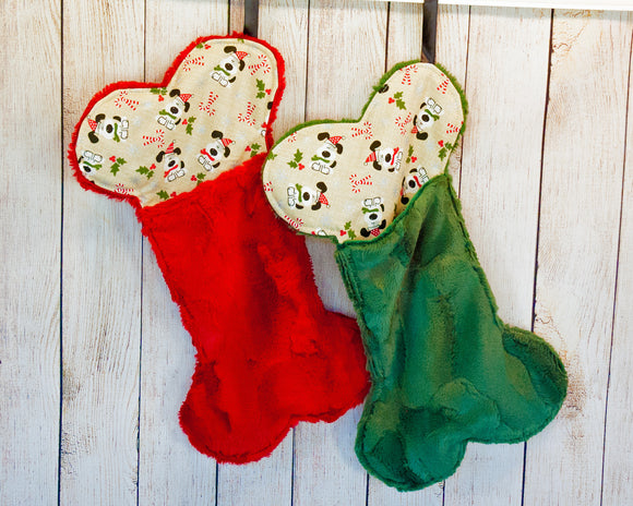 Minky Red or Green Bone shaped dog stockings with puppy candy cane print