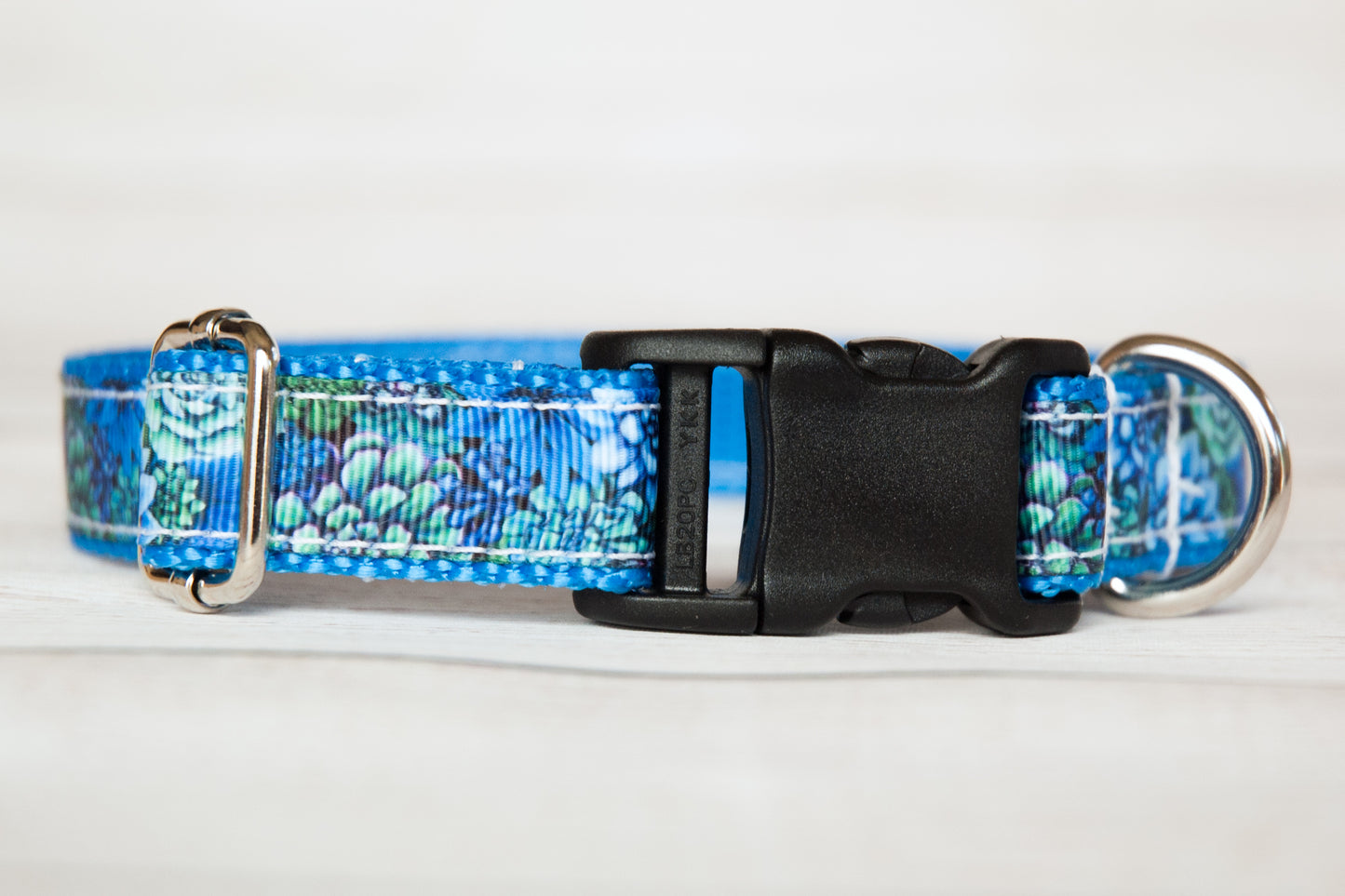 Succulent plants dog collar in blues and greens, 3/4" wide